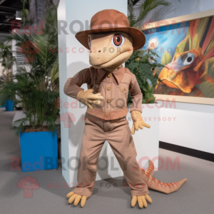 Brown Lizard mascot costume character dressed with a Capri Pants and Beanies