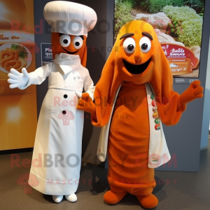 Rust Currywurst mascot costume character dressed with a Wedding Dress and Brooches