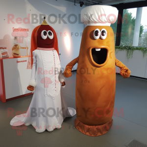 Rust Currywurst mascot costume character dressed with a Wedding Dress and Brooches
