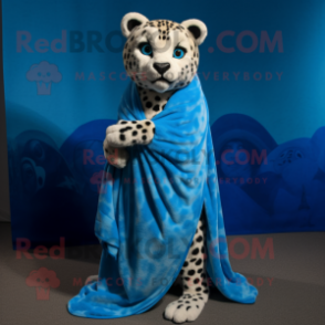 Blue Cheetah mascot costume character dressed with a Wrap Dress and Shawls