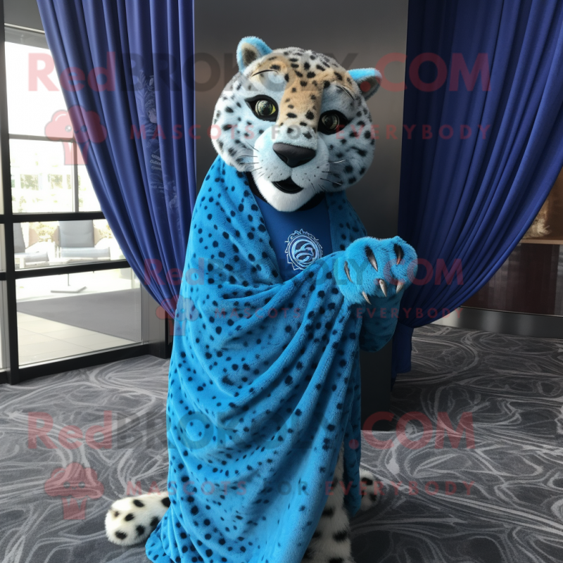 Blue Cheetah mascot costume character dressed with a Wrap Dress and Shawls