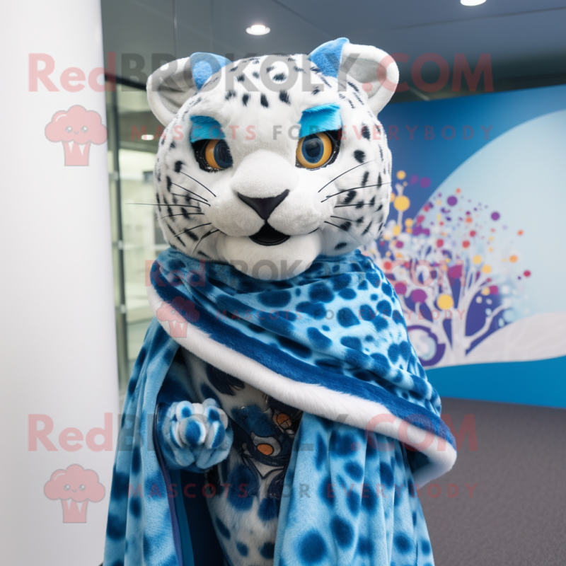 Blue Cheetah mascot costume character dressed with a Wrap Dress and Shawls Blue Cheetah mascot costume character dressed with a Wrap Dress and Shawls