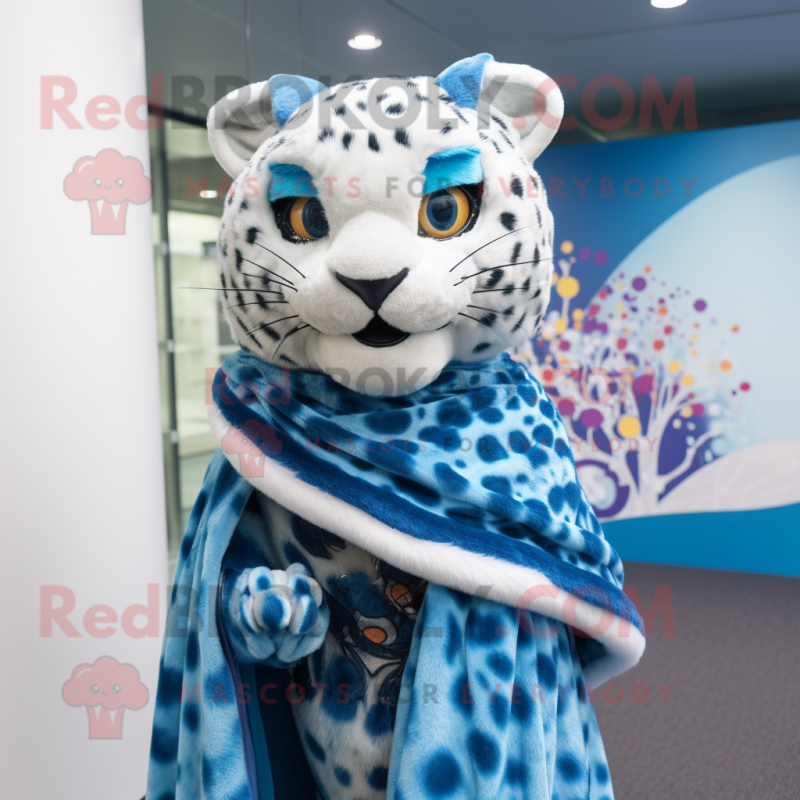 Blue Cheetah mascot costume character dressed with a Wrap Dress and Shawls