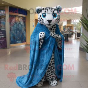 Blue Cheetah mascot costume character dressed with a Wrap Dress and Shawls