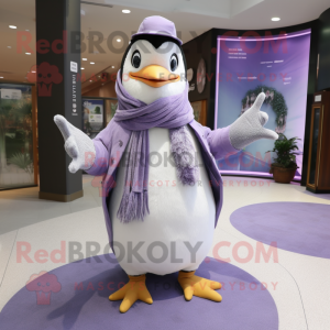 Lavender Penguin mascot costume character dressed with a Culottes and Scarf clips