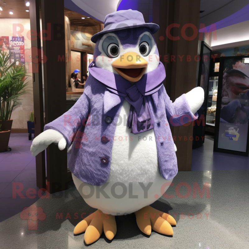 Lavender Penguin mascot costume character dressed with a Culottes and Scarf clips