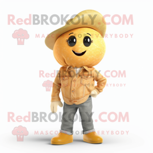Gold Apricot mascot costume character dressed with a Jeans and Pocket squares