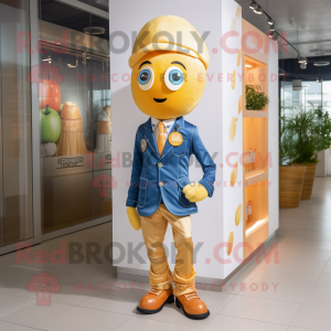 Gold Apricot mascot costume character dressed with a Jeans and Pocket squares