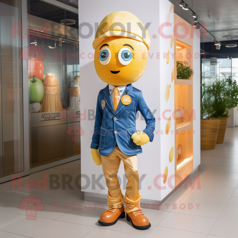 Gold Apricot mascot costume character dressed with a Jeans and Pocket squares Gold Apricot mascot costume character dressed with a Jeans and Pocket squares