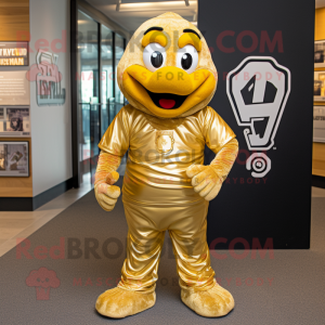 Gold Momentum mascot costume character dressed with a V-Neck Tee and Shoe clips