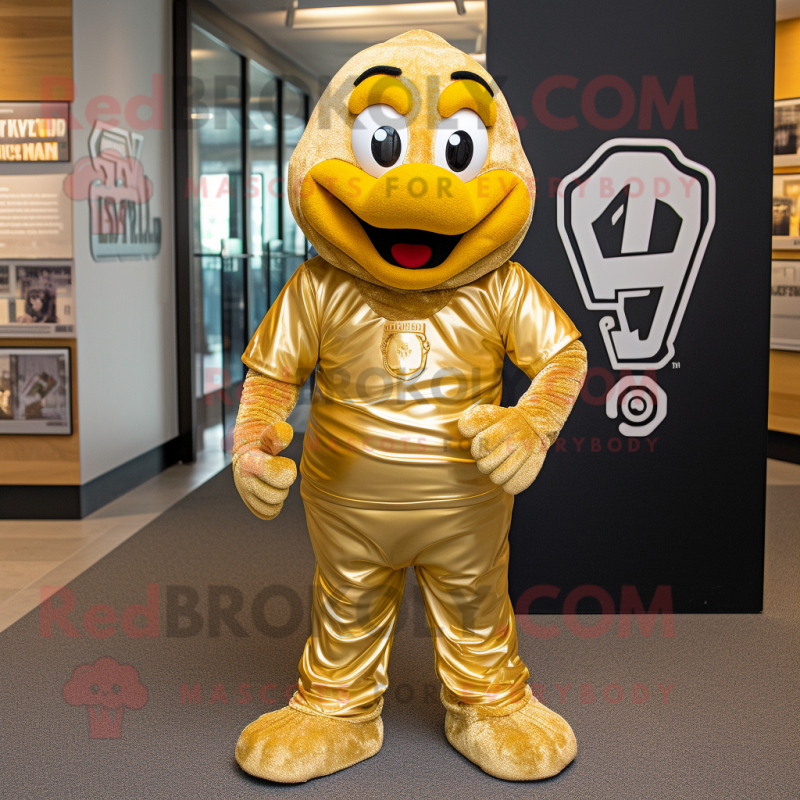 Gold Momentum mascot costume character dressed with a V-Neck Tee and Shoe clips Gold Momentum mascot costume character dressed with a V-Neck Tee and Shoe clips