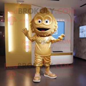Gold Momentum mascot costume character dressed with a V-Neck Tee and Shoe clips