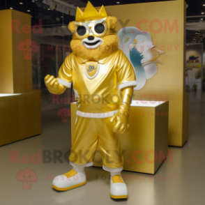 Gold Momentum mascot costume character dressed with a V-Neck Tee and Shoe clips
