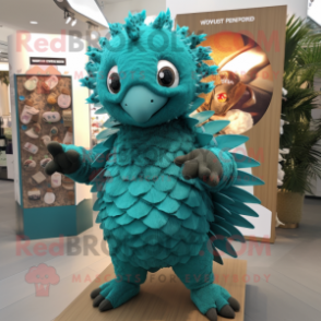 Teal Pangolin mascot costume character dressed with a Bodysuit and Necklaces