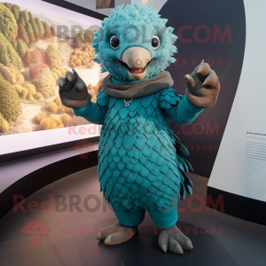 Teal Pangolin mascot costume character dressed with a Bodysuit and Necklaces