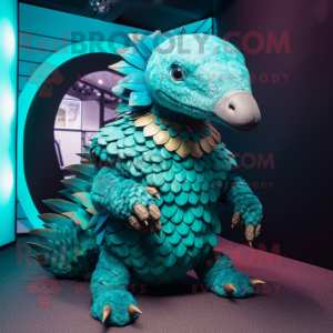 Teal Pangolin mascot costume character dressed with a Bodysuit and Necklaces