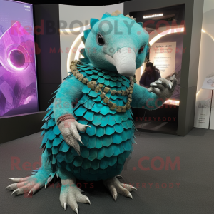 Teal Pangolin mascot costume character dressed with a Bodysuit and Necklaces