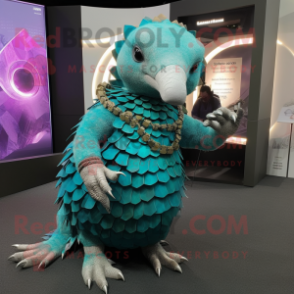 Teal Pangolin mascot costume character dressed with a Bodysuit and Necklaces