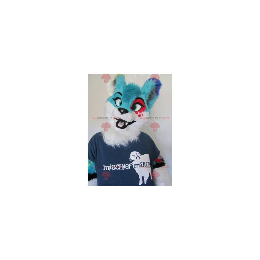 Mascotte de chat poilu bleu rouge et blanc - Redbrokoly.com