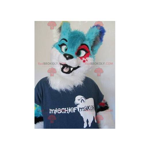 Mascotte de chat poilu bleu rouge et blanc - Redbrokoly.com