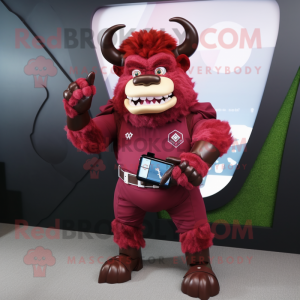 Maroon Minotaur mascot costume character dressed with a Suit and Digital watches