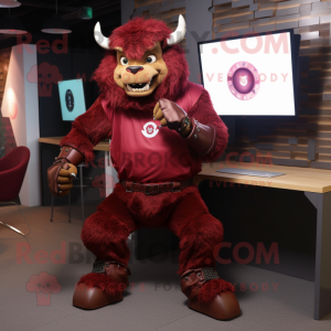 Maroon Minotaur mascot costume character dressed with a Suit and Digital watches