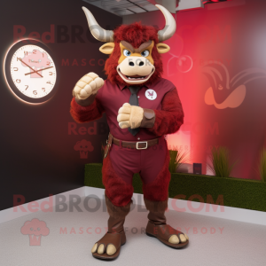 Maroon Minotaur mascot costume character dressed with a Suit and Digital watches