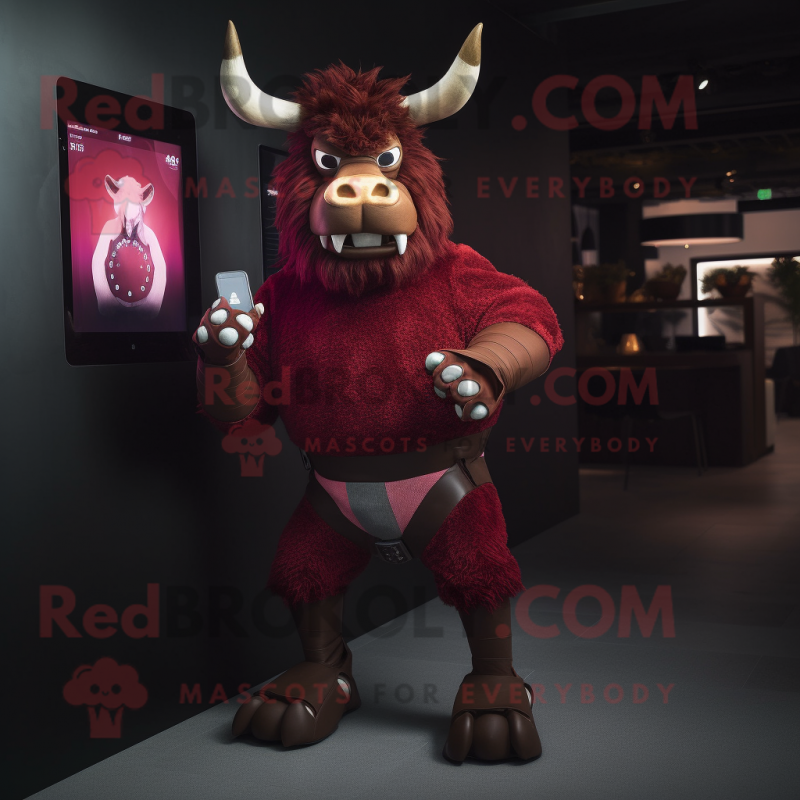 Maroon Minotaur mascot costume character dressed with a Suit and Digital watches