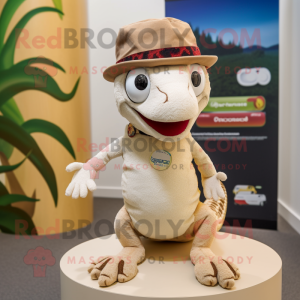 Cream Geckos mascot costume character dressed with a Chinos and Beanies