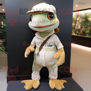 Cream Geckos mascot costume character dressed with a Chinos and Beanies