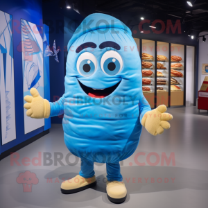 Blue Croissant mascot costume character dressed with a Board Shorts and Beanies