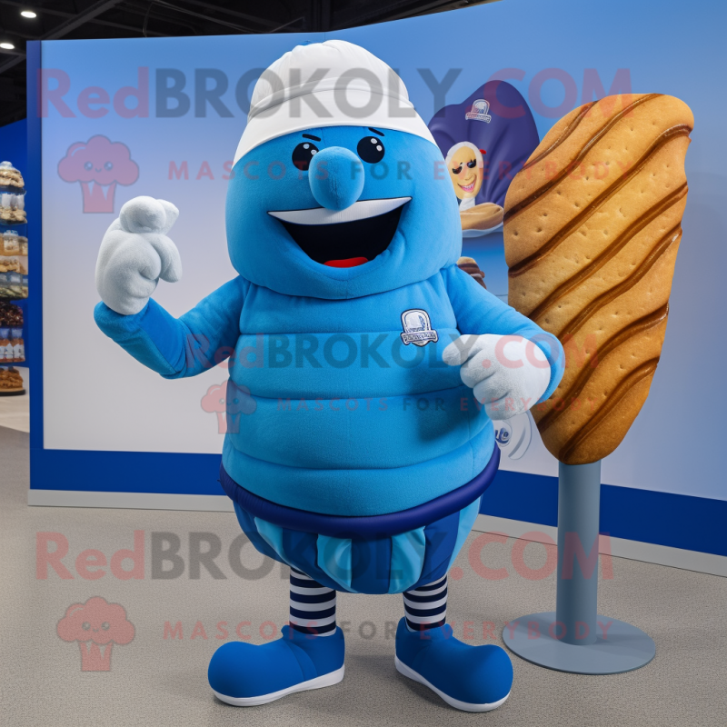 Blue Croissant mascot costume character dressed with a Board Shorts and Beanies