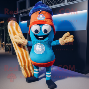 Blue Croissant mascot costume character dressed with a Board Shorts and Beanies