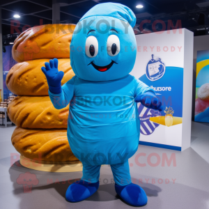 Blue Croissant mascot costume character dressed with a Board Shorts and Beanies
