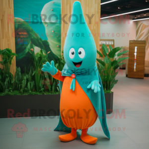 Turquoise Carrot mascot costume character dressed with a Chinos and Shawls