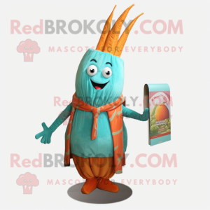 Turquoise Carrot mascot costume character dressed with a Chinos and Shawls