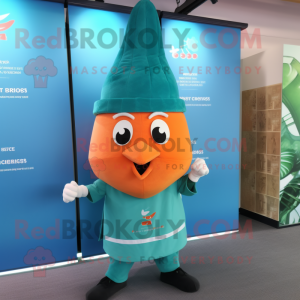 Turquoise Carrot mascot costume character dressed with a Chinos and Shawls
