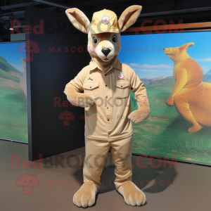 Beige Kangaroo mascot costume character dressed with a Joggers and Hat pins