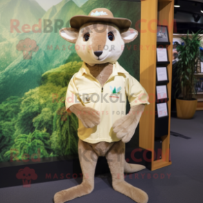 Beige Kangaroo mascot costume character dressed with a Joggers and Hat pins