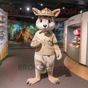 Beige Kangaroo mascot costume character dressed with a Joggers and Hat pins