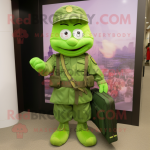 Lime Green Commando mascot costume character dressed with a Empire Waist Dress and Tote bags