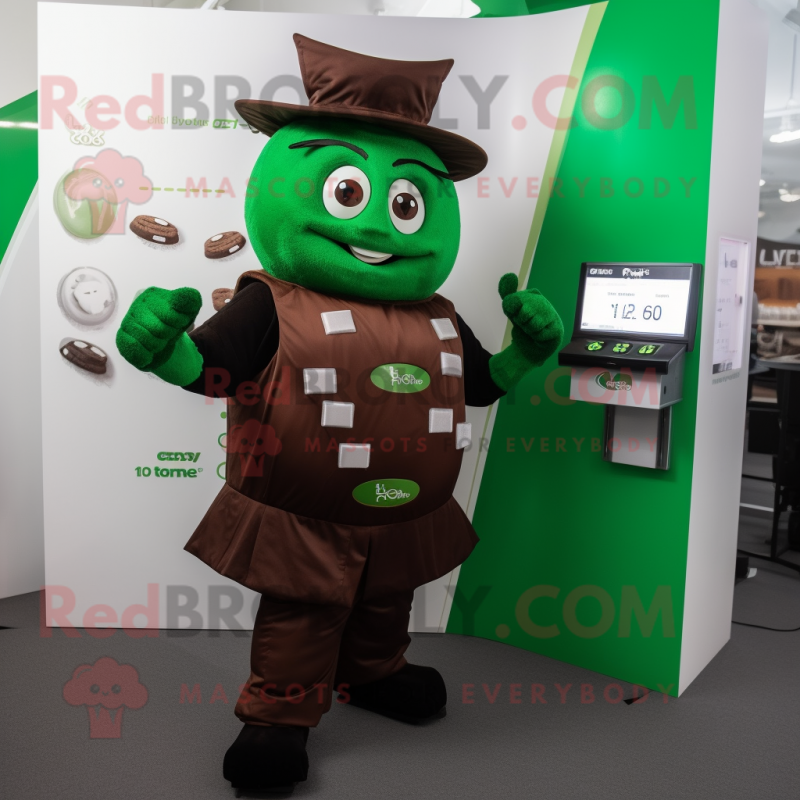 Forest Green Chocolate Bars mascot costume character dressed with a Vest and Digital watches