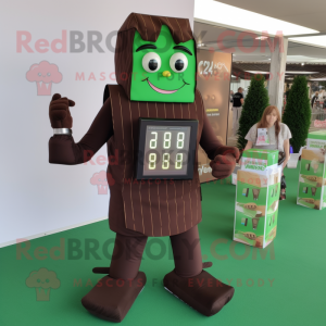 Forest Green Chocolate Bars mascot costume character dressed with a Vest and Digital watches