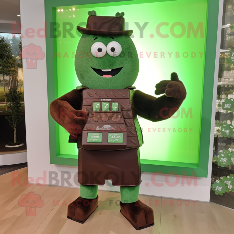 Forest Green Chocolate Bars mascot costume character dressed with a Vest and Digital watches