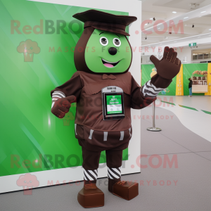 Forest Green Chocolate Bars mascot costume character dressed with a Vest and Digital watches