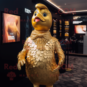 Gold Hens mascot costume character dressed with a T-Shirt and Lapel pins