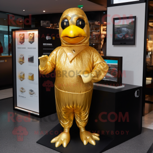 Gold Hens mascot costume character dressed with a T-Shirt and Lapel pins
