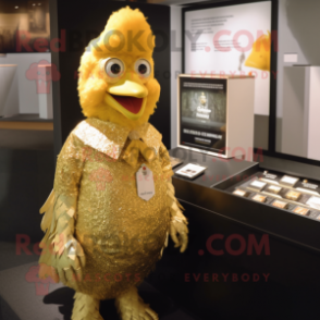 Gold Hens mascot costume character dressed with a T-Shirt and Lapel pins