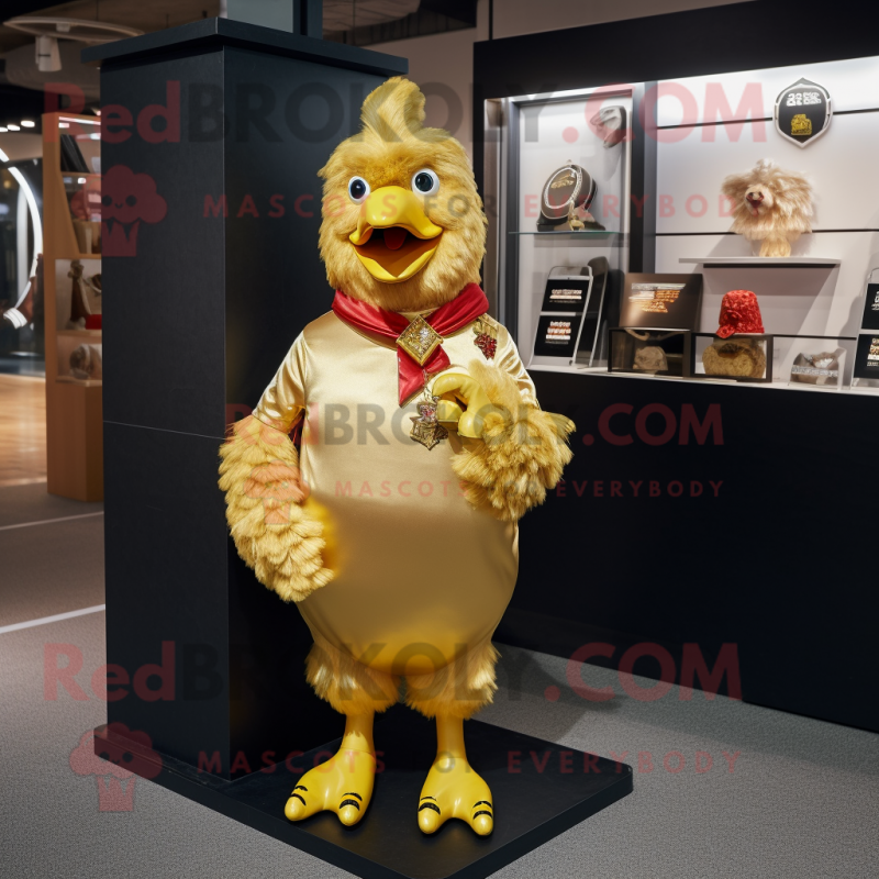 Gold Hens mascot costume character dressed with a T-Shirt and Lapel pins