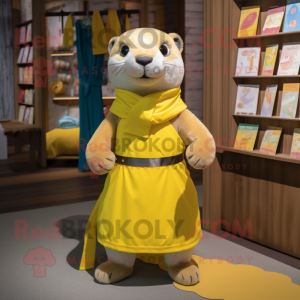 Yellow Otter mascot costume character dressed with a Wrap Skirt and Brooches